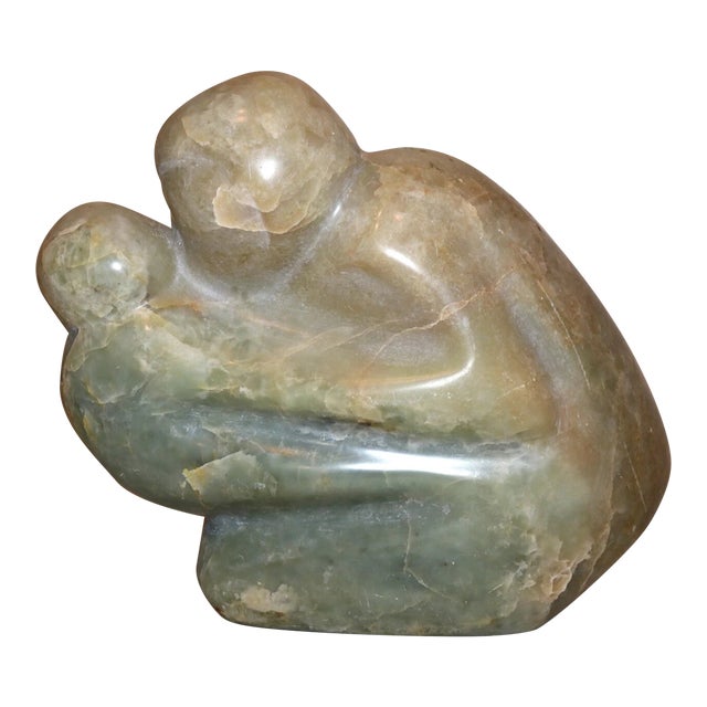 Large Modern Antique Carved Green Soapstone Stone Couple Sculpture Statue Figure For Sale