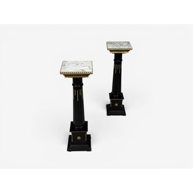 Hollywood Regency, Marble Top Pedestals, Ebonized Wood, Bronze, France, 1960s For Sale - Image 10 of 11