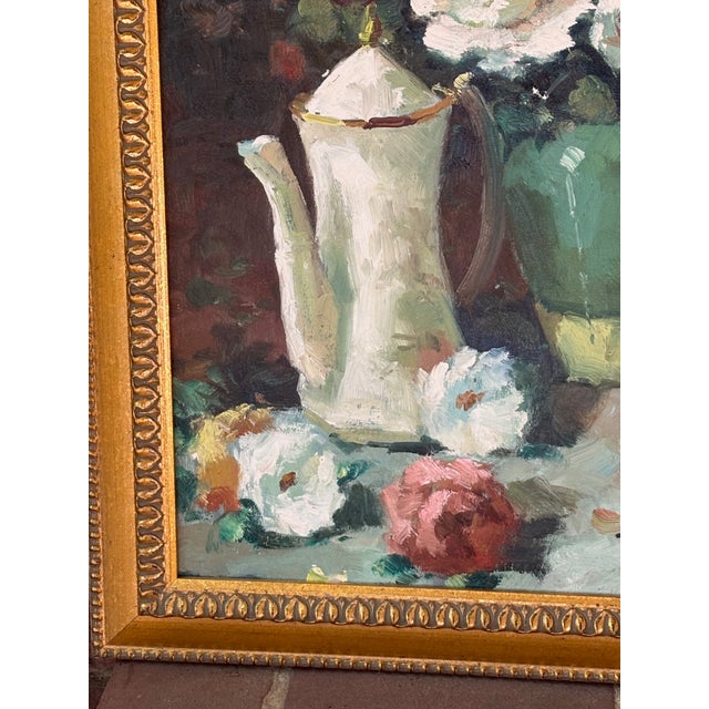 Oil on Canvas, Roses and a Chocolate Pot, Signed, 1960s For Sale - Image 4 of 5