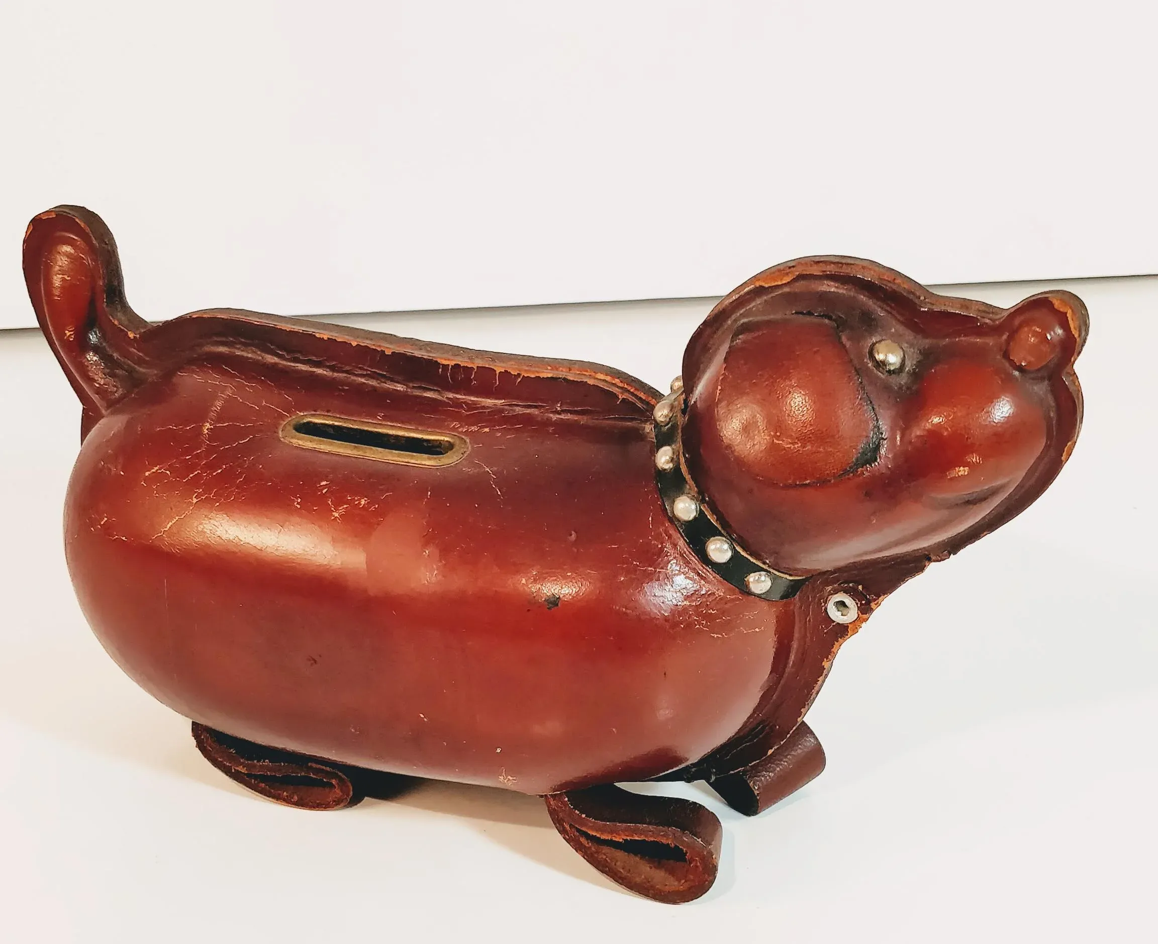 Vintage Bank Leather Dog Weiner Pup Coin Catcher | Chairish