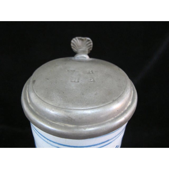 Metal German Faience Pottery Pewter Mounted Blue & White Birnkrug Tankard Pitcher For Sale - Image 7 of 11
