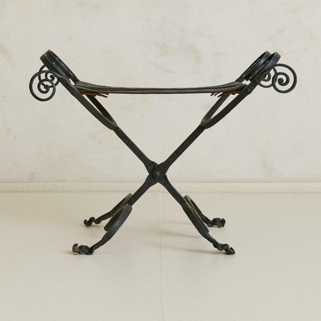 Vintage Spanish Brutalist Wrought Iron + Tooled Leather Folding Stool For Sale - Image 9 of 18