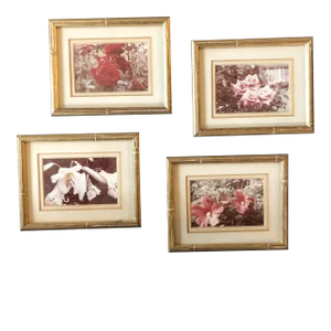 Gallery Wall Collection-4 Vintage Small Flower Photos in Faux Bamboo Frames - Set of 4
