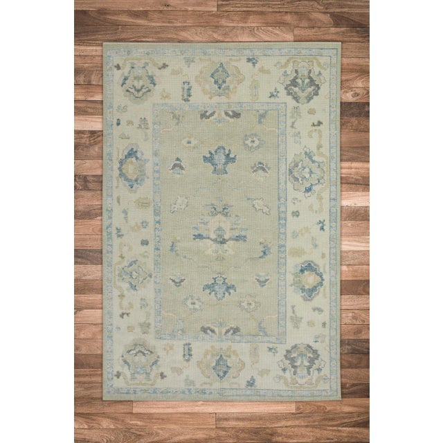 Early 21st Century Green & Blue Floral Design Handwoven Wool Turkish Oushak Rug 5'1" X 6'9" For Sale In Houston - Image 6 of 7
