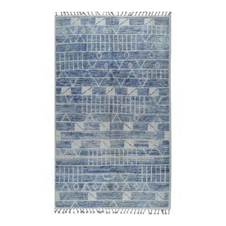 5x8 Hand-Knotted Wool Linear Blue Blocks Geometric Modern Carpet Rug For Sale