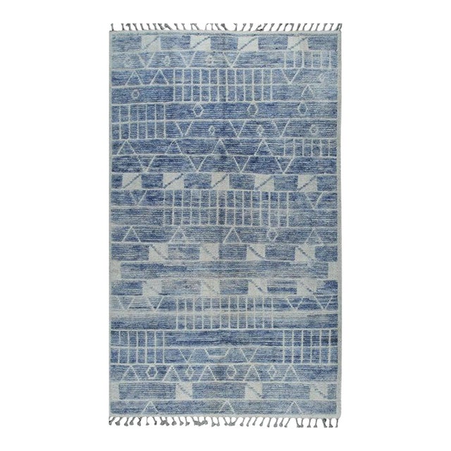 5x8 Hand-Knotted Wool Linear Blue Blocks Geometric Modern Carpet Rug For Sale