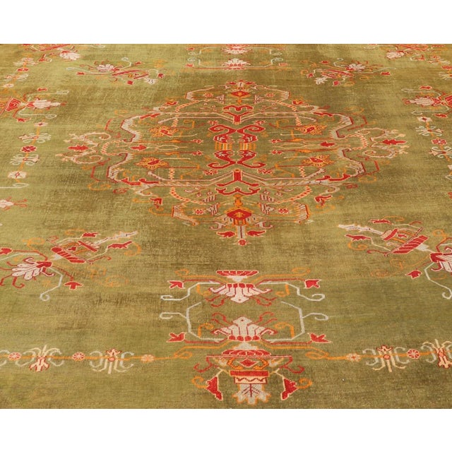 Antique Turkish Oushak Rug in Green Field and Colorful Accents. Keivan Woven Arts Rug / 13-1214, Green Antique Oushak,...
