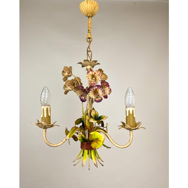 Goldenrod Vintage French Metal Flower Bouquet Three-Arm Chandelier, 1950s For Sale - Image 8 of 16
