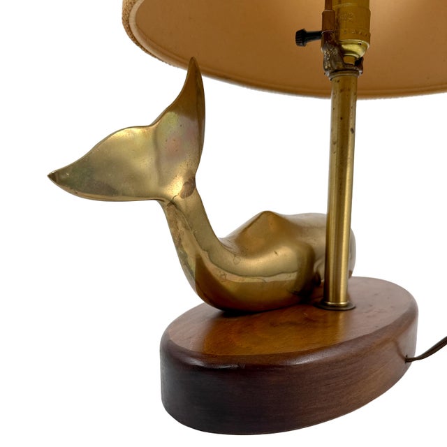 Vintage 1970s Brass Whale Table Lamp W/ Walnut Wood Base & Grasscloth Shade For Sale - Image 11 of 18