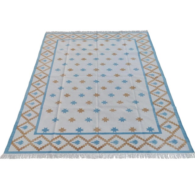 Handmade Cotton Vegetable Dyed White, Sky Blue and Tan Star and Gingham Rug - 8'x10' For Sale - Image 9 of 10