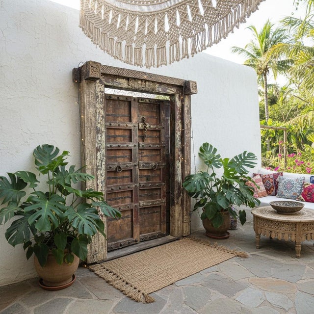 Antique Indian Door With Frame | Rustic Farmhouse Entryway Door in Reclaimed Wood For Sale In Orlando - Image 6 of 6