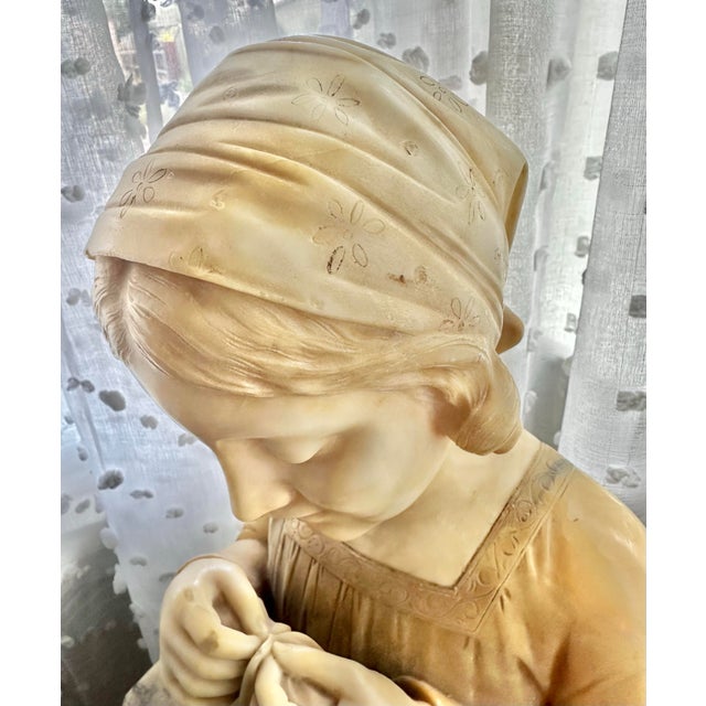 19th Century Italian Alabaster Bust of “The Sewing Girl” on Marble Pedestal, Neoclassical Sculpture For Sale - Image 4 of 12