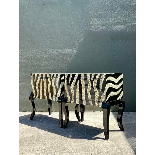Wood Vintage Zebra Stripe Tessellated Nightstands - A Pair For Sale - Image 7 of 12