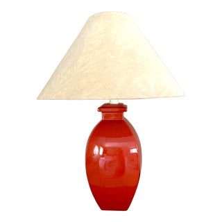Persimmon Toned Gloss Glazed Ceramic Squared Oval Shaped Vase Style Table Lamp For Sale