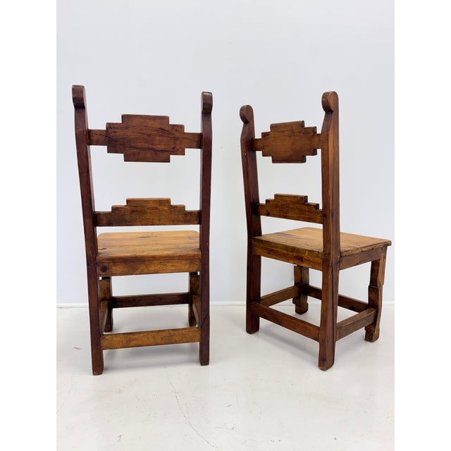 Brown Pair of Mid-Century Mexican Rustic Pine Chairs With Carved Razor Blade Backs and Legs For Sale - Image 8 of 16