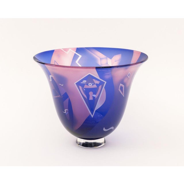 David Jacobson (American, b. 1952) Art Glass Centerpiece Bowl, frosted glass in blue and pink etched with geometric shapes...