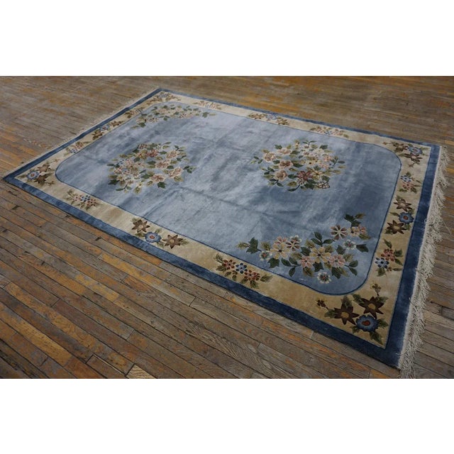 1980s Ligth Blue Floral Vintage Silk Chinese Art Deco Carpet 6'2" X 9' Handknotted Rug For Sale - Image 4 of 12