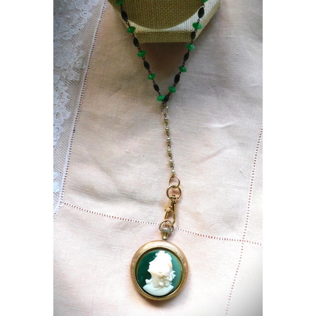 Metal Vintage Victorian Gold Pocket Watch Locket, Green Cameo Woman, Long Art Glass Chain For Sale - Image 7 of 16