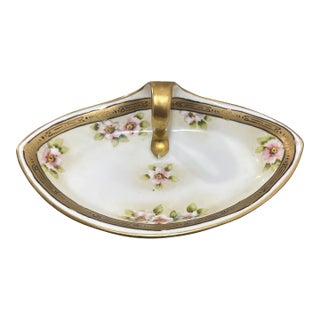 Antique Hand-Painted Nippon Porcelain Bonbon Dish With Pink Roses & Gold Trim For Sale