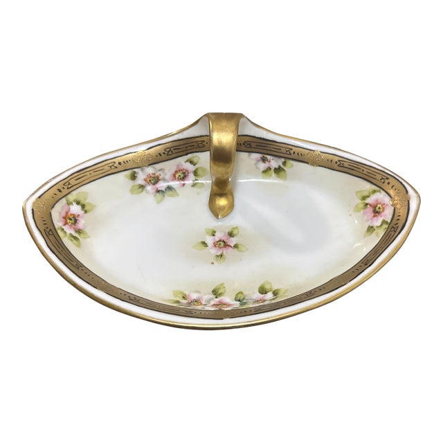 Antique Hand-Painted Nippon Porcelain Bonbon Dish With Pink Roses & Gold Trim For Sale