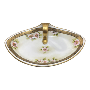Antique Hand-Painted Nippon Porcelain Bonbon Dish With Pink Roses & Gold Trim