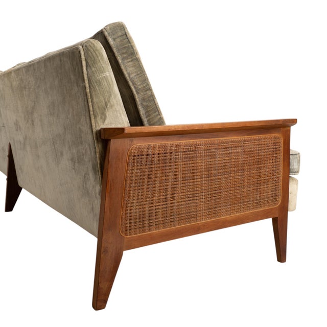 1960s Mid Century Modern Caned Walnut Velvet Long Sofa for Reupholstery 101" For Sale - Image 13 of 16