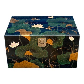 Asian Style Black Lacquer and Lotus Blossom Trunk / Table Att. Maitland-Smith For Sale