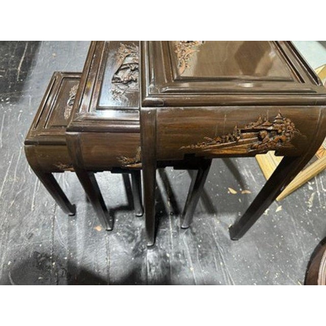 Wood Vintage Engraved Nesting Tables Oriental Rose Wood Beautiful For Sale - Image 7 of 14