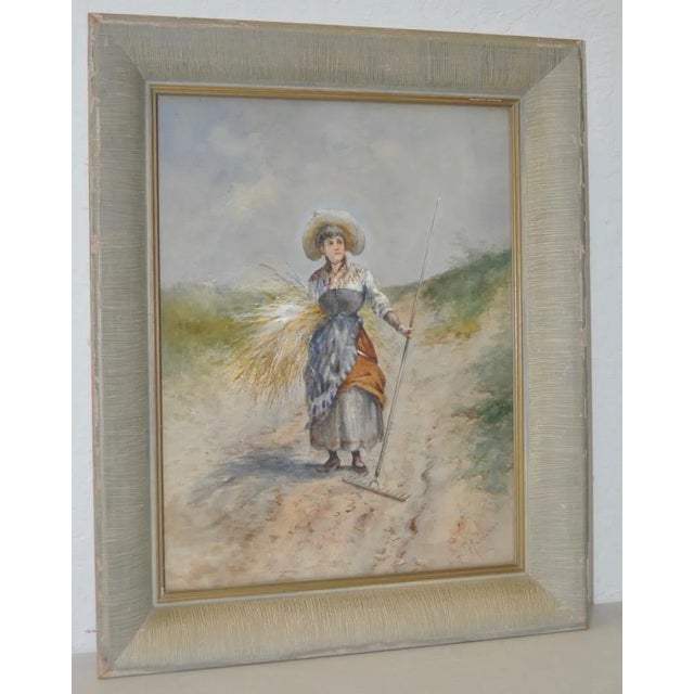 19th C. Watercolor "Seaside Grass Harvest" c.1890s A beautiful young woman with her rake and an arm full of grass. The...