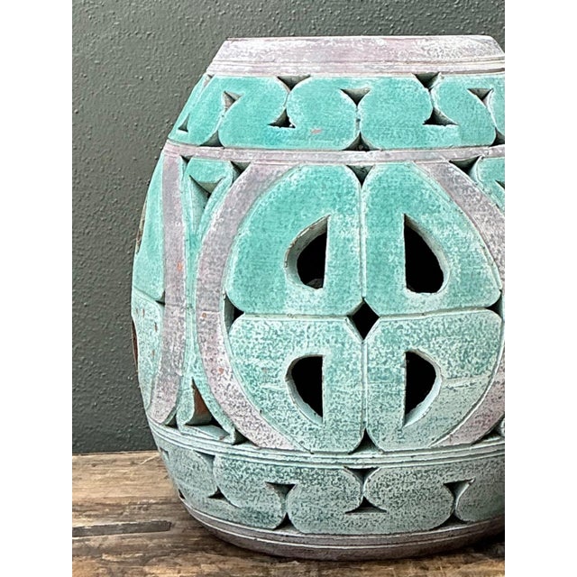 Turquoise Vintage Patinated Ceramic Low Stool For Sale - Image 8 of 13