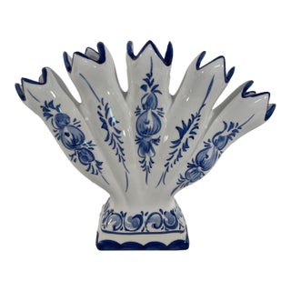 Vintage Blue and White Ceramic Five Finger Tulip Vase, Tulipiere For Sale