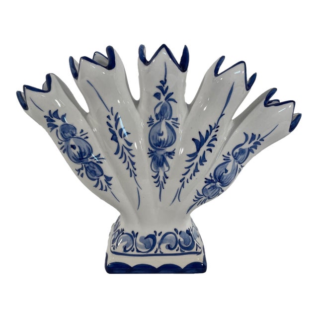 Vintage Blue and White Ceramic Five Finger Tulip Vase, Tulipiere For Sale