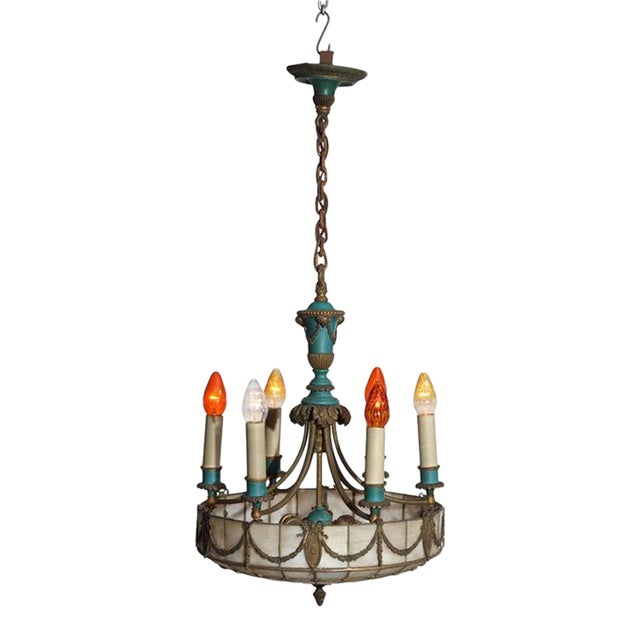 Antique Classical Arts & Crafts Leaded Glass 8-Light Chandelier C1920 For Sale
