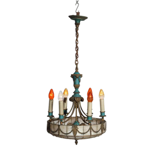 Antique Classical Arts & Crafts Leaded Glass 8-Light Chandelier C1920