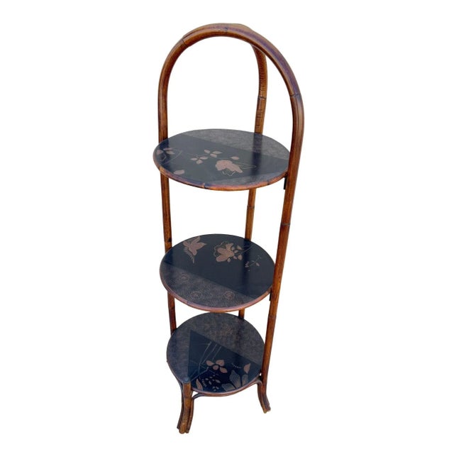 1970s Costal Three Tiered Dark Stained Rattan Shelf w East Asian Motif Tops For Sale - Image 4 of 11