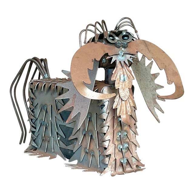 Vintage Boho Punch Cut Metal Dog Sculpture For Sale