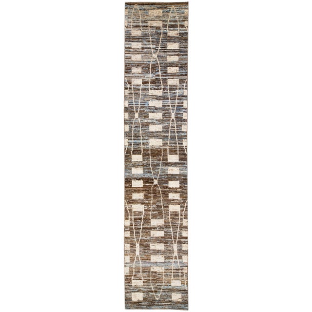 Textile Modern Moroccan Style Handmade Brown Geometric Wool Runner For Sale - Image 7 of 7