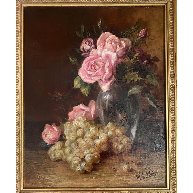 Acquired in France, a stunning antique c. 1900 still life floral painting on canvas. The painting is beautifully executed...
