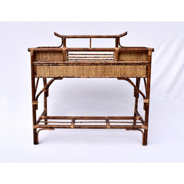 Chestnut British Colonial Style Burnt Bamboo and Grasscloth Pagoda Desk and Chair For Sale - Image 8 of 12