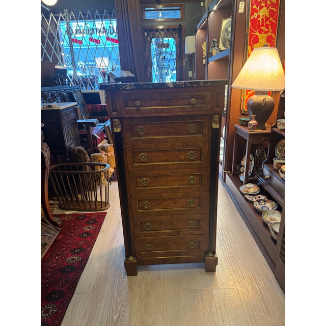 1930s French Empire Style Lingerie Chest With Marble Top, Cleopatra Bust Mounts & Paw Feet [Rg] For Sale - Image 4 of 11