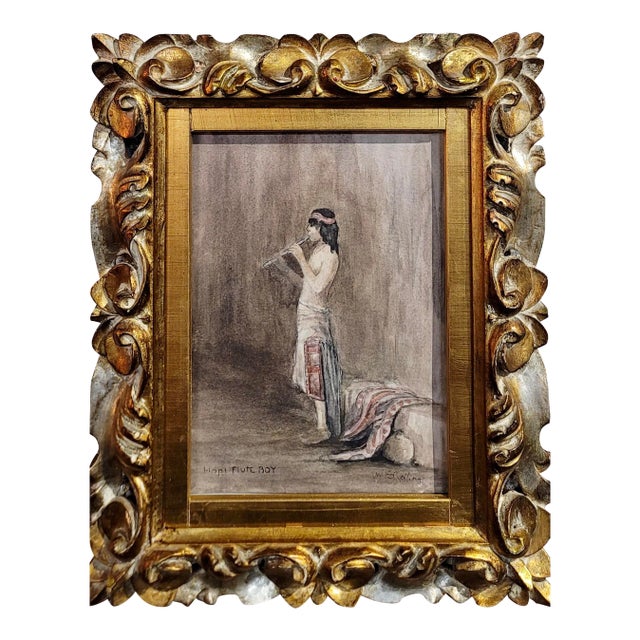 Warren Eliphalet Rollins -Hopi Indian Playing the Flute-Oil Painting-C1910s For Sale