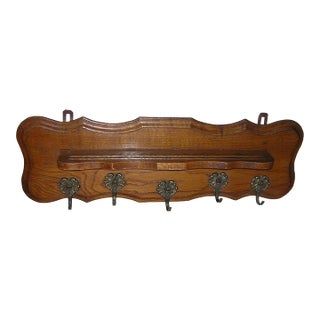 Antique 19thC Carved Wood Shelf With Cherub Angel Brass Hooks For Sale