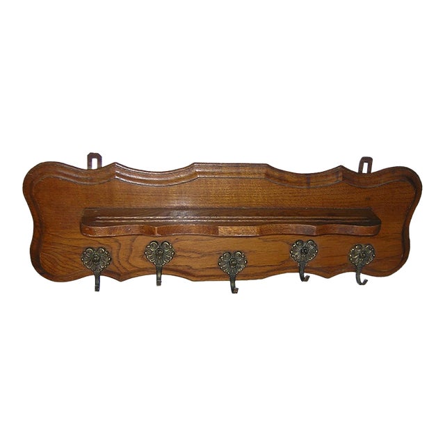 Antique 19thC Carved Wood Shelf With Cherub Angel Brass Hooks For Sale