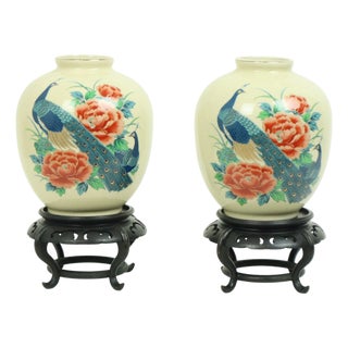 Japanese Vases Peacock Flowers Crackle in Ceramic, 1960s, Set of 2 For Sale