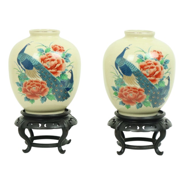 Japanese Vases Peacock Flowers Crackle in Ceramic, 1960s, Set of 2 For Sale