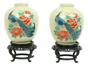 Japanese Vases Peacock Flowers Crackle in Ceramic, 1960s, Set of 2