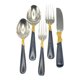 Service for 15 - Yamazaki "Lindi" Black Handle Gold Accent 75-Pieces: 15 Place Settings With Individual Neiman Marcus Storage Pouches For Sale