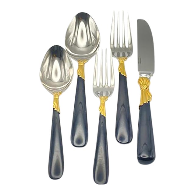 Service for 15 - Yamazaki "Lindi" Black Handle Gold Accent 75-Pieces: 15 Place Settings With Individual Neiman Marcus Storage Pouches For Sale