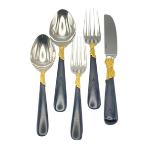 Service for 15 - Yamazaki "Lindi" Black Handle Gold Accent 75-Pieces: 15 Place Settings With Individual Neiman Marcus Storage Pouches