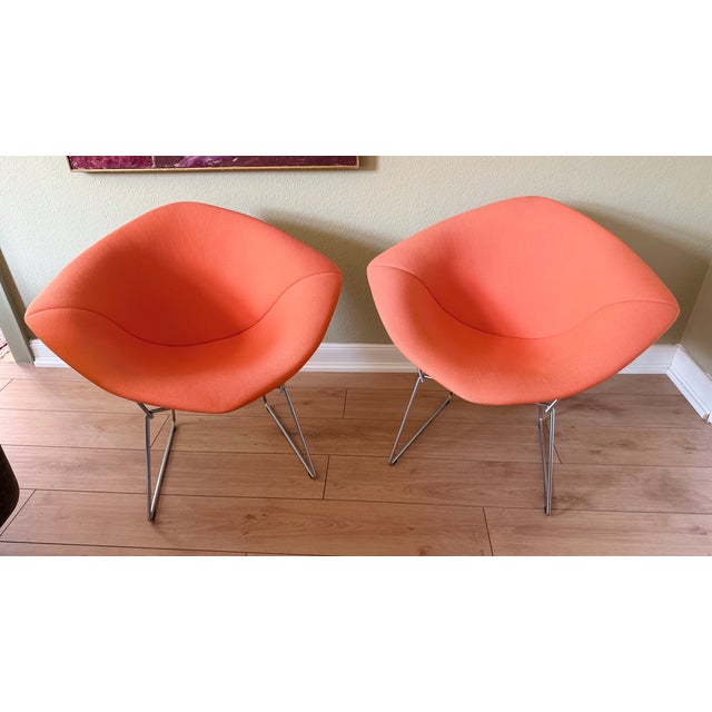 421 Diamond Chairs in Silver Chrome and Peachy Orange Upholstery by Harry Bertoia for Knoll, 1990s, Set of 2 For Sale - Image 15 of 15